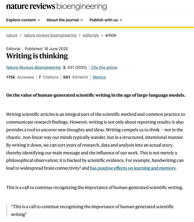 Nature Reviews Bioengineering: Writing is thinking